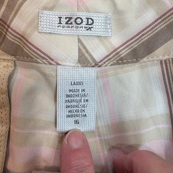Izod Ladies Performx Plaid Golf Shorts Size 16 Beige Pink Brown Chino Stretch - Picture 2 of 6